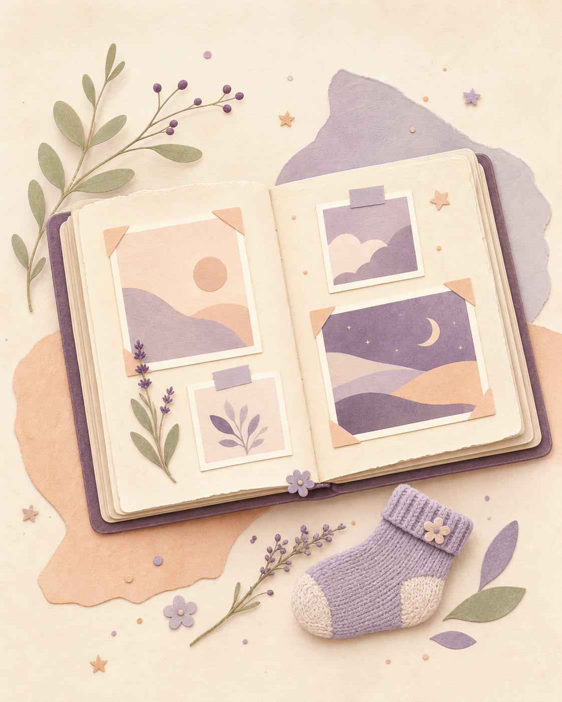 An illustrated family memory book with keepsakes and gentle lavender details
